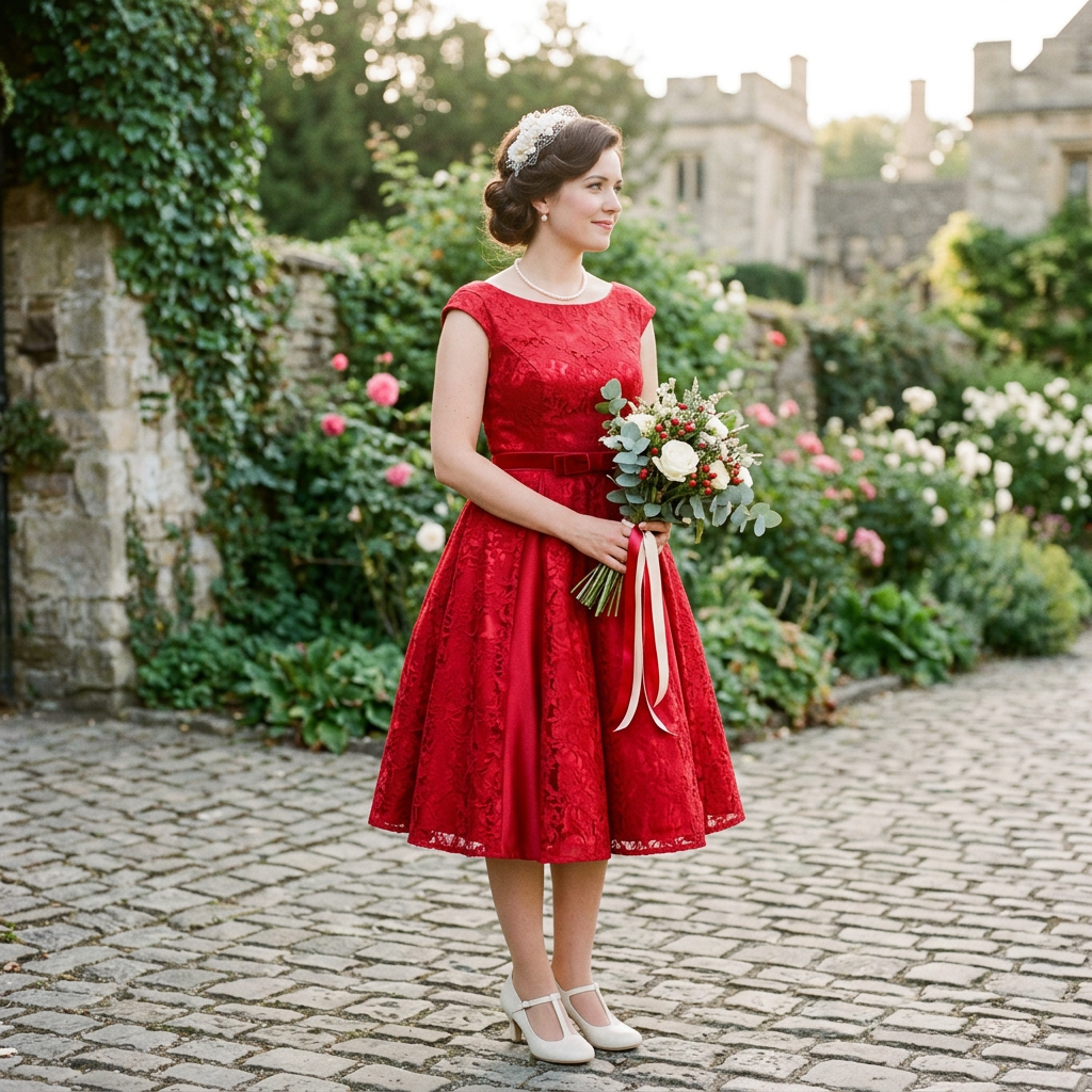 Woman in red lace dress holding wedding bouquet in garden courtyard