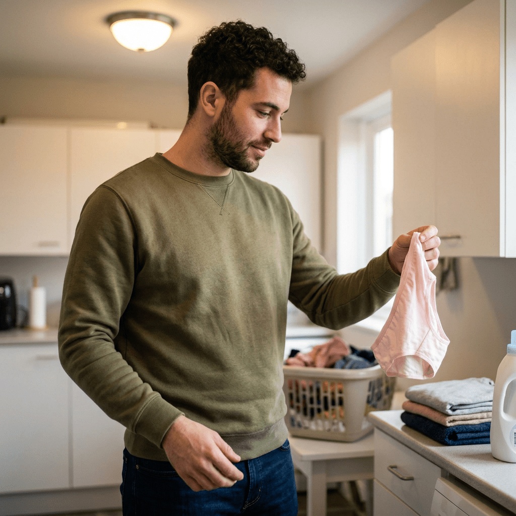 Man holding small pink clothing item in kitchen doing laundry